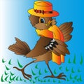 Brown merry sparrow in a yellow hat and by a scarf